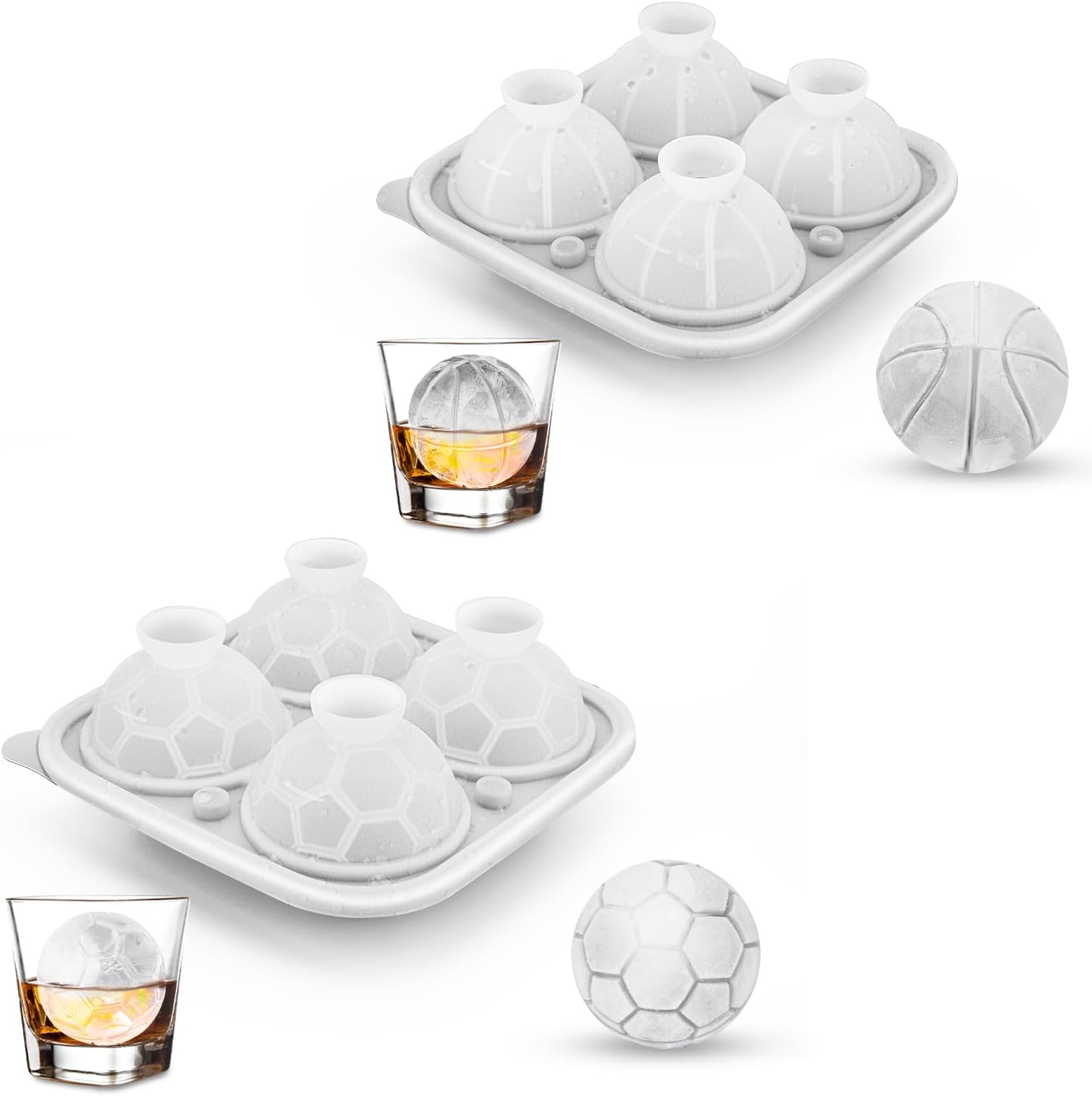 Sports-Themed Silicone Ice Molds for Soccer and Basketball Fans - Large 2.2 inch Ice Cube Trays and Ice Ball Molds for Cocktails, Juice, and Whiskey - Set of 2, Dishwasher-Safe