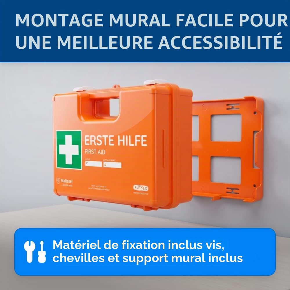 Trousse de premiers secours pour les entreprises DIN 13169 en orange, trousse de premiers secours remplie et avec support mural
