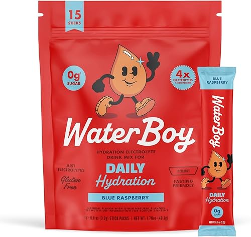 Waterboy Hidratación diaria  Paquetes de electrolitos en polvo de 1,570 mg  Sin azúcar, todo natural, sin gluten, cero calorías  15 mezclas de
