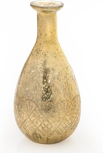 ANDALUCA Florero decorativo pequeño de vidrio de mercurio grabado con acabado vintage (dorado)