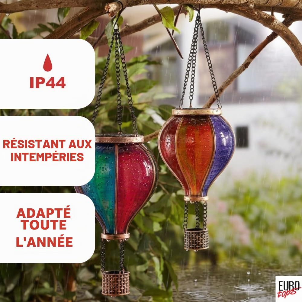 EUROtops Montgolfière solaire - Couleurs vives, 12 / 20 / 40 LED vacillantes, plastique résistant aux intempéries, décoration extérieure / éclairage LED à suspendre pour jardin et balcon (Duo (lot de