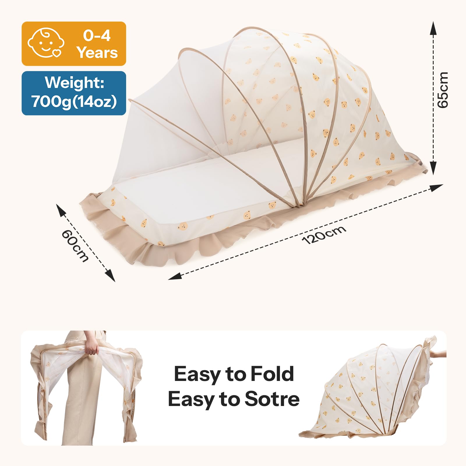 UN1QUE Foldable Baby Mosquito Net, Bottomless Net For Infants, Innovative Shell For Safe Sleep 120 X 65 X 60 Cms, For Babies & Toddlers (0 To 4 Years), Beige 4