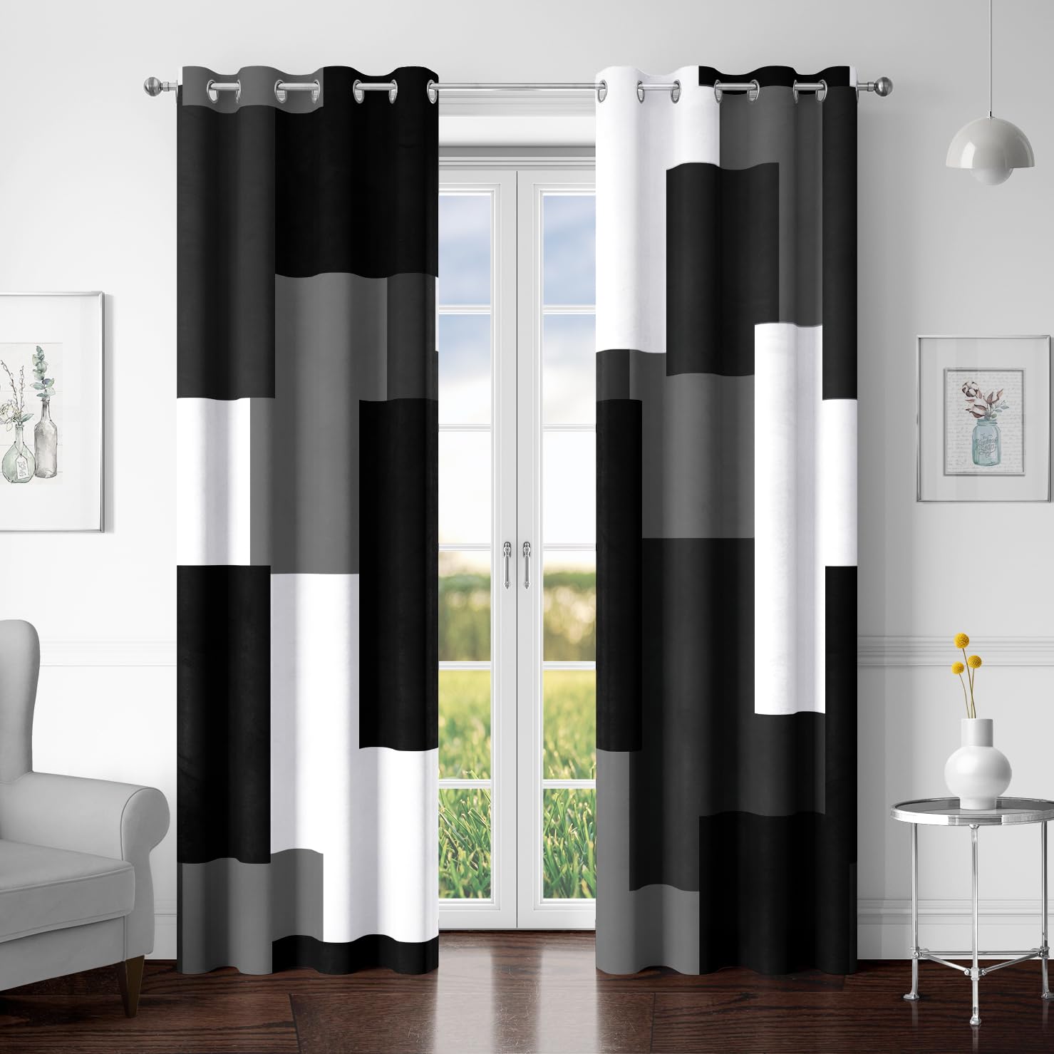 Tyrot Black Grey 100% Blackout Curtains for Bedroom 72 inch Long 2 Panels Set White Grey Modern Abstract Geometric Black Out Curtains Insulated Room