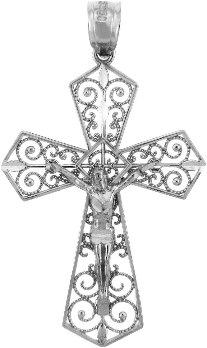 Religious Jewelry Solid 925 Sterling Silver Filigree-Style Cross Pardon Crucifix Charm Pendant Necklace