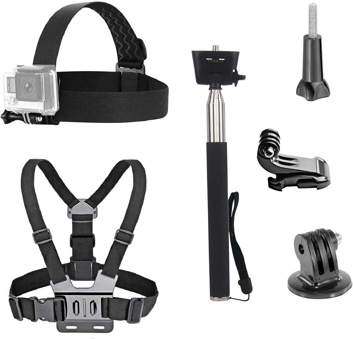 3 in 1 Universal Action Camera Accessories Kit | Head Strap Mount/Chest Harness/Selfie stick Compatible Gopro Hero 13 12/AKASO EK7000/V50/Brave 7/Dragon Touch Action Camera