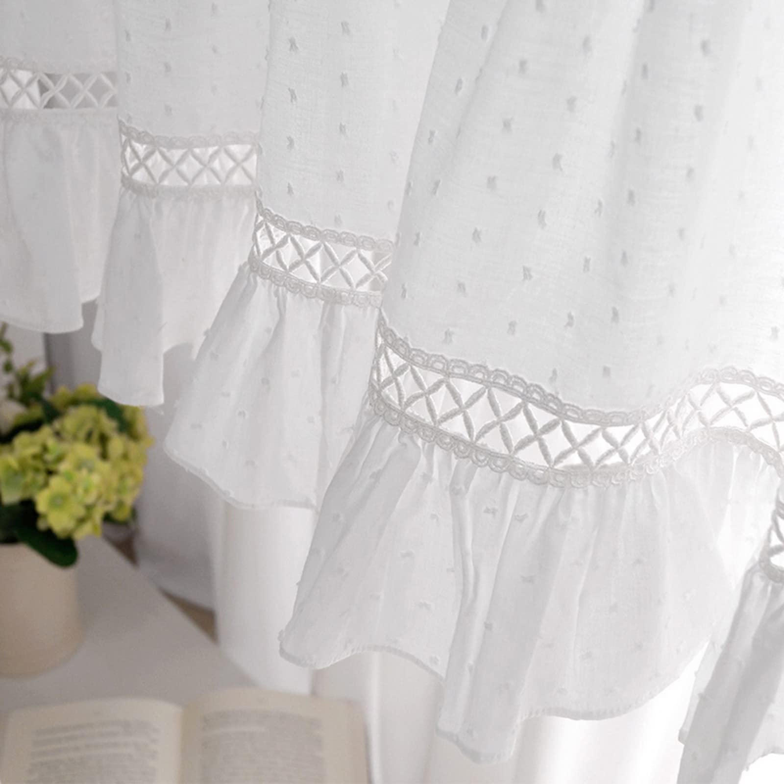 Rideau de fenêtre en coton semi-transparent style campagnard pour petites fenêtres - Cantonnière brodée à pompons blancs - Parfait pour la cuisine, le bistrot, le café et les portes.