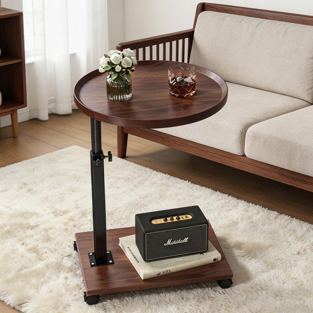 Stolik pomocniczy w kształcie litery C, z regulacją wysokości, 45-80 cm, z kółkami, obracany o 360°, drewniany, mały, stolik pomocniczy, na sofę, do salonu, sypialni, brązowy