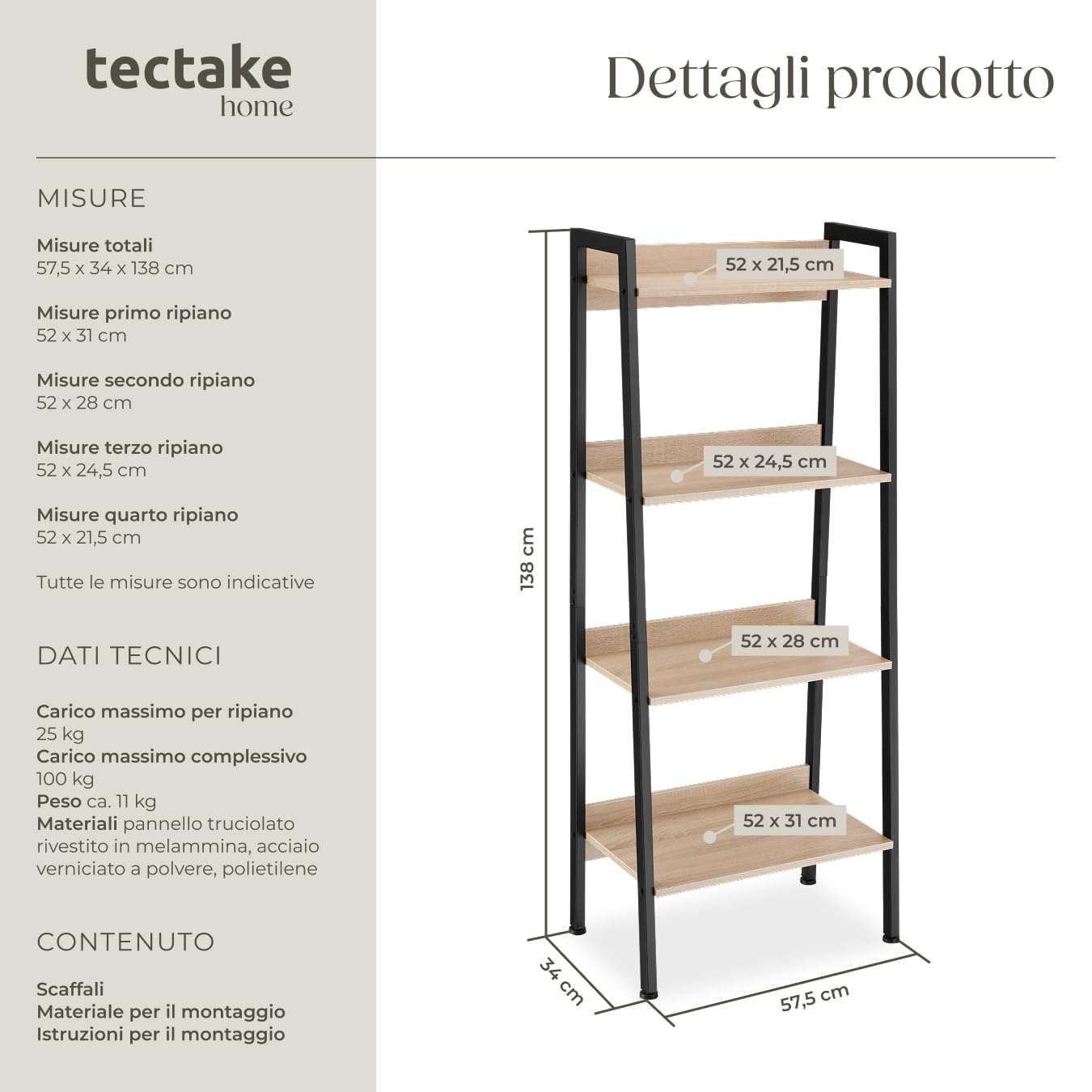 tectake® Scaffale a Scala, Libreria Verticale con 4 Ripiani, Struttura in Acciaio porta libri, Libreria Verticale, Facile Montaggio - 57,5x34x138 cm - Legno industriale chiaro