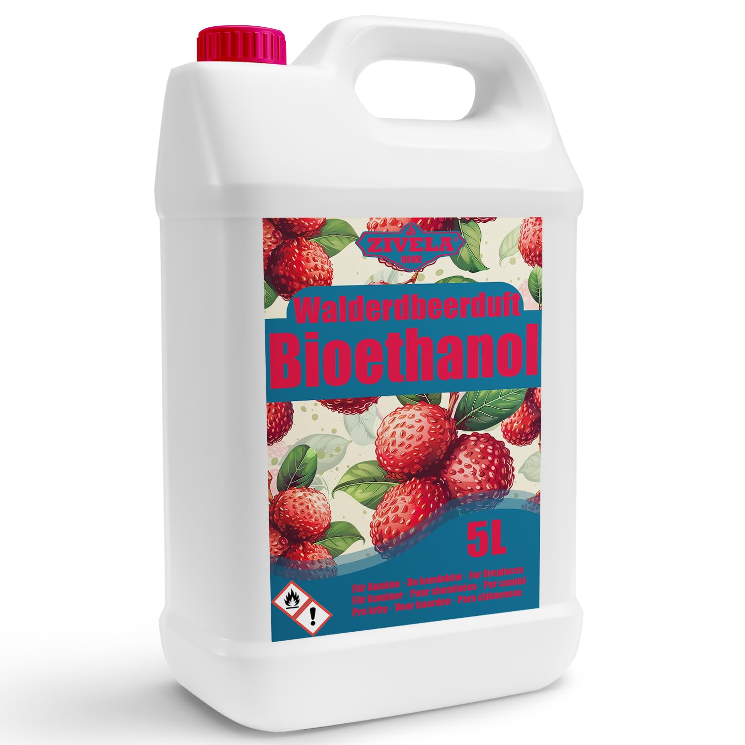 Bioetanol 96,6% 5 l | bioalkohol o zapachu truskawek 96,6% 5 l | bioetanol do kominka, kominka stołowego | bioetanol zapach truskawek | czyste spalanie, bez dymu, żywy i stabilny płomień