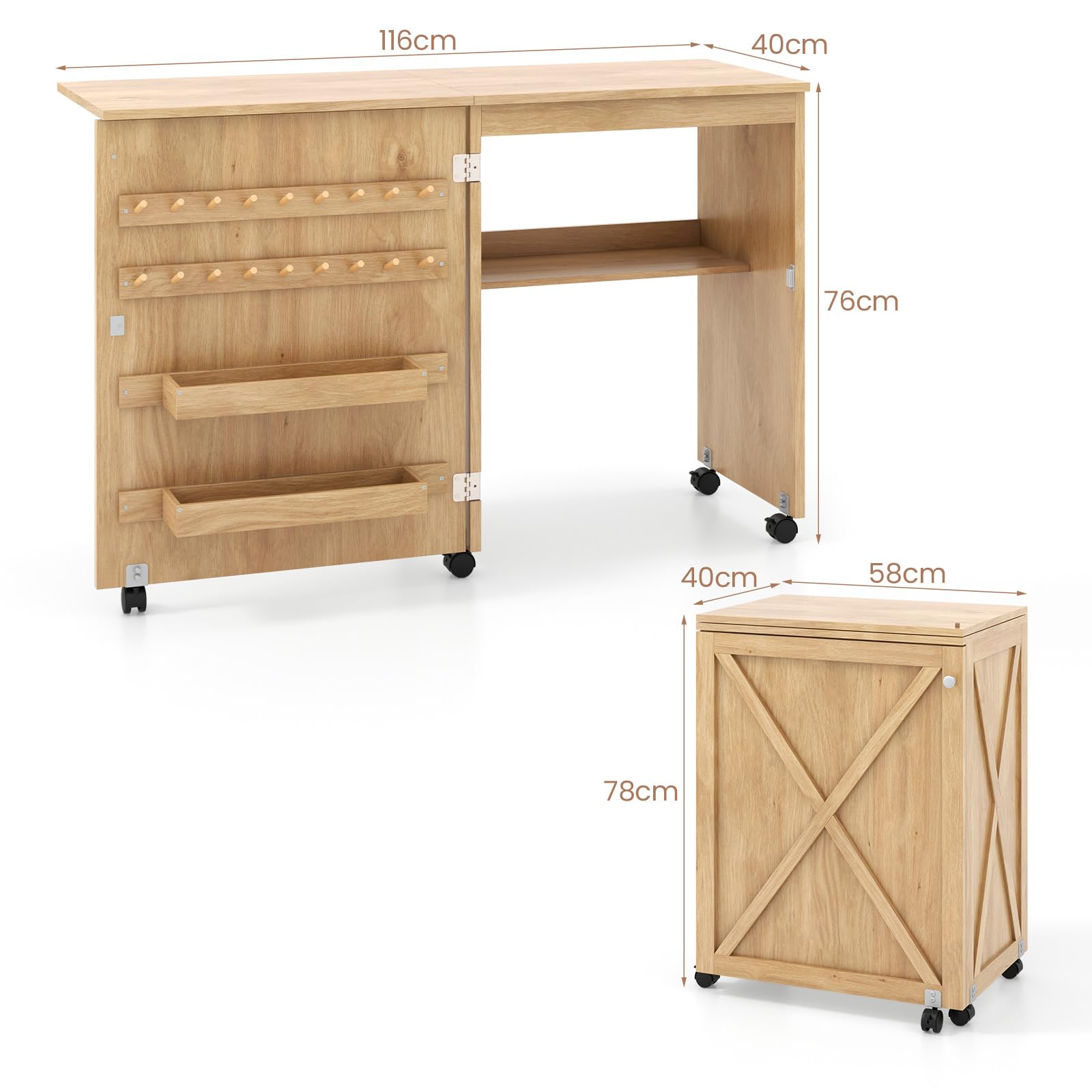 LIFEZEAL Table de Couture Pliable, Meuble Machine à Coudre Bois, Étagère, roulettes, 18 Crochets, 2 Plateaux, 116x40x76cm, Armoire Peu Encombrante, Naturel