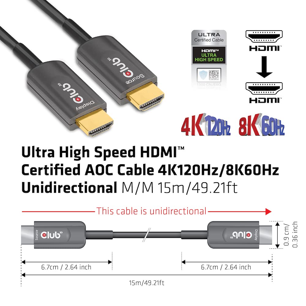 Club 3D Cavo HDMI ad alta velocità certificato AOC 4K120Hz/8K60Hz unidirezionale ST 15 metri