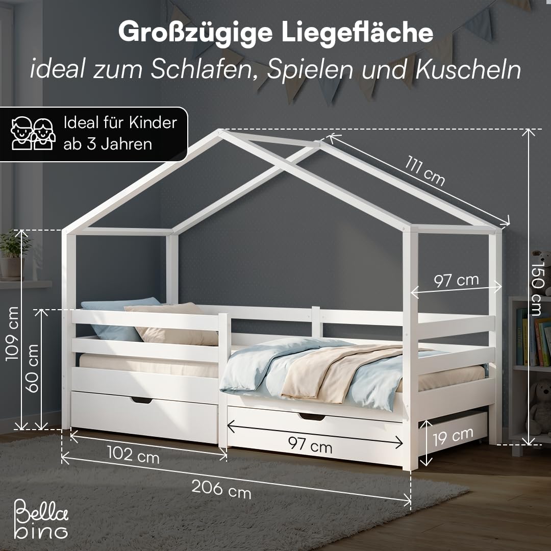 Bellabino Abia Kinderbett 90x200 cm – Hausbett mit Rausfallschutz, Lattenrost und 2 Schubladen – Montessori Kinder Bett aus Massivholz Kiefer für Jungen und Mädchen in Weiß