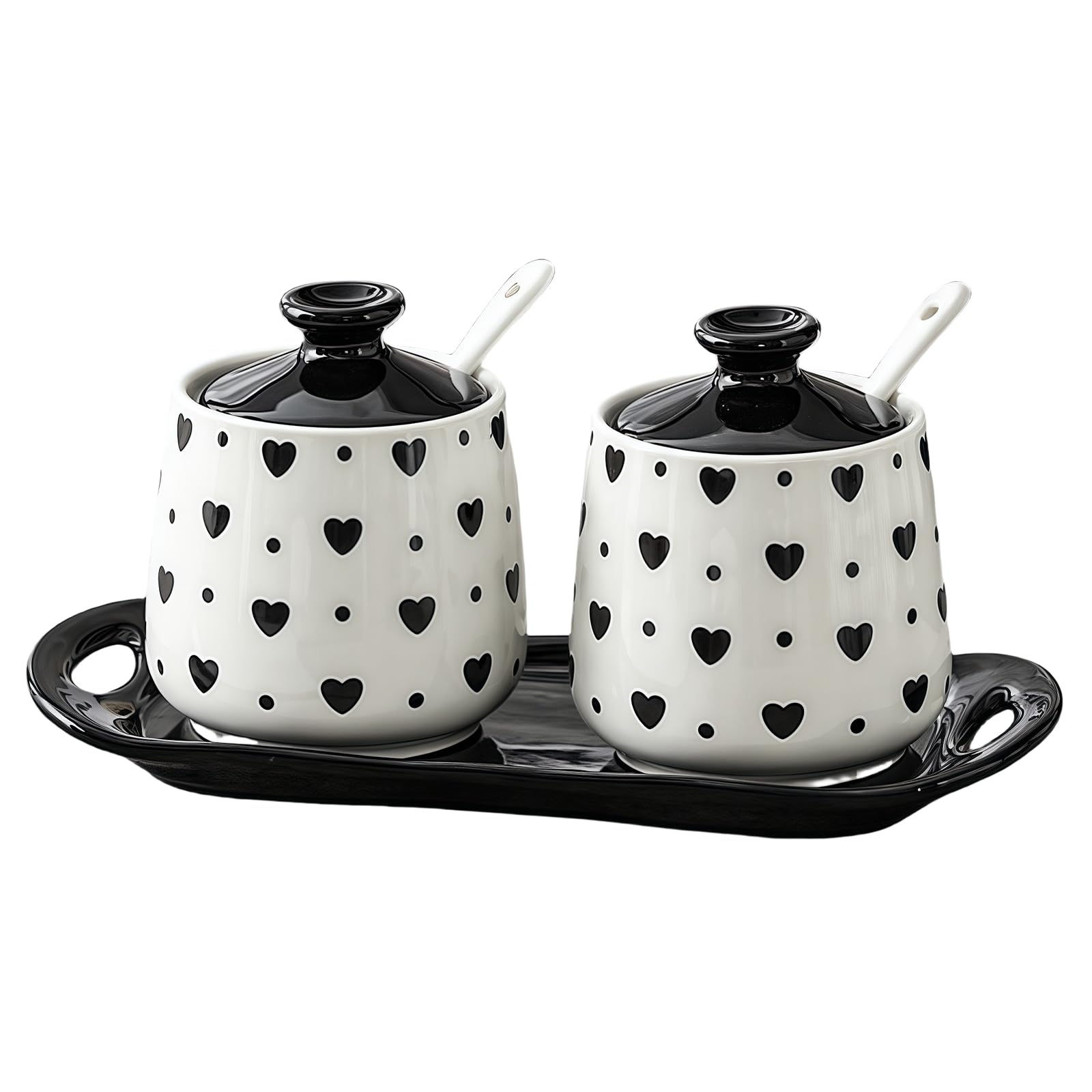 Zuccheriera con coperchio e cucchiaio, set da 2, in ceramica, con vassoio (bianco-D)