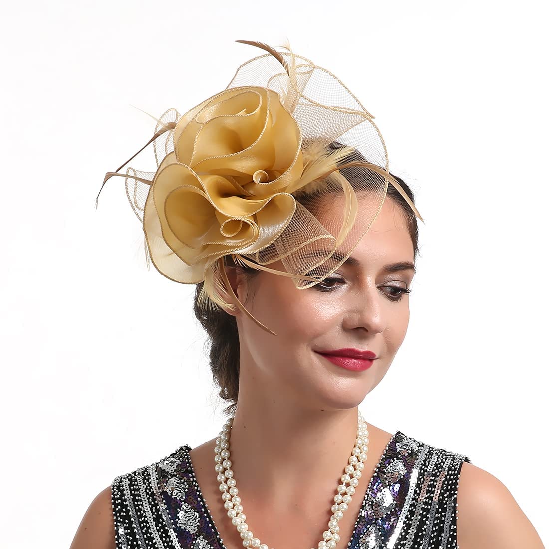 TOPOQ Gold Fascinators for Women Wedding Fascinators Tea Party Hat Flapper Pillbox Fascinator Hat Derby Ascot Hat with Headband Hairclips Headdress Headpieces