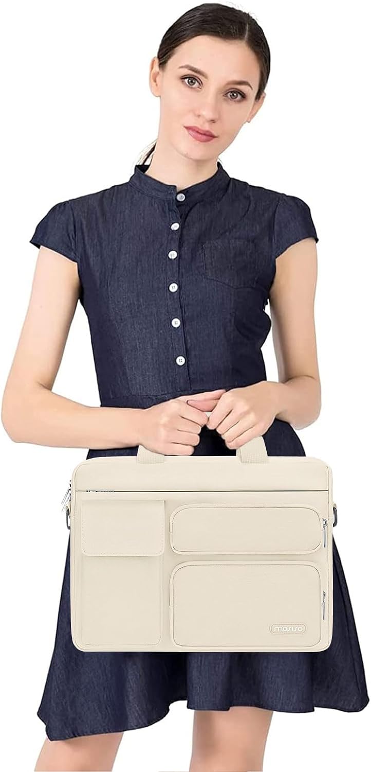 MOSISO Laptop Shoulder Bag 15.6 inch, 15-15.6 inch Computer Bag Compatible with MacBook Pro 16 inch, HP, Dell, Lenovo, Notebook with 2 Raised&1 Flapover&1 Horizontal Pocket&Handle&Belt, Sand