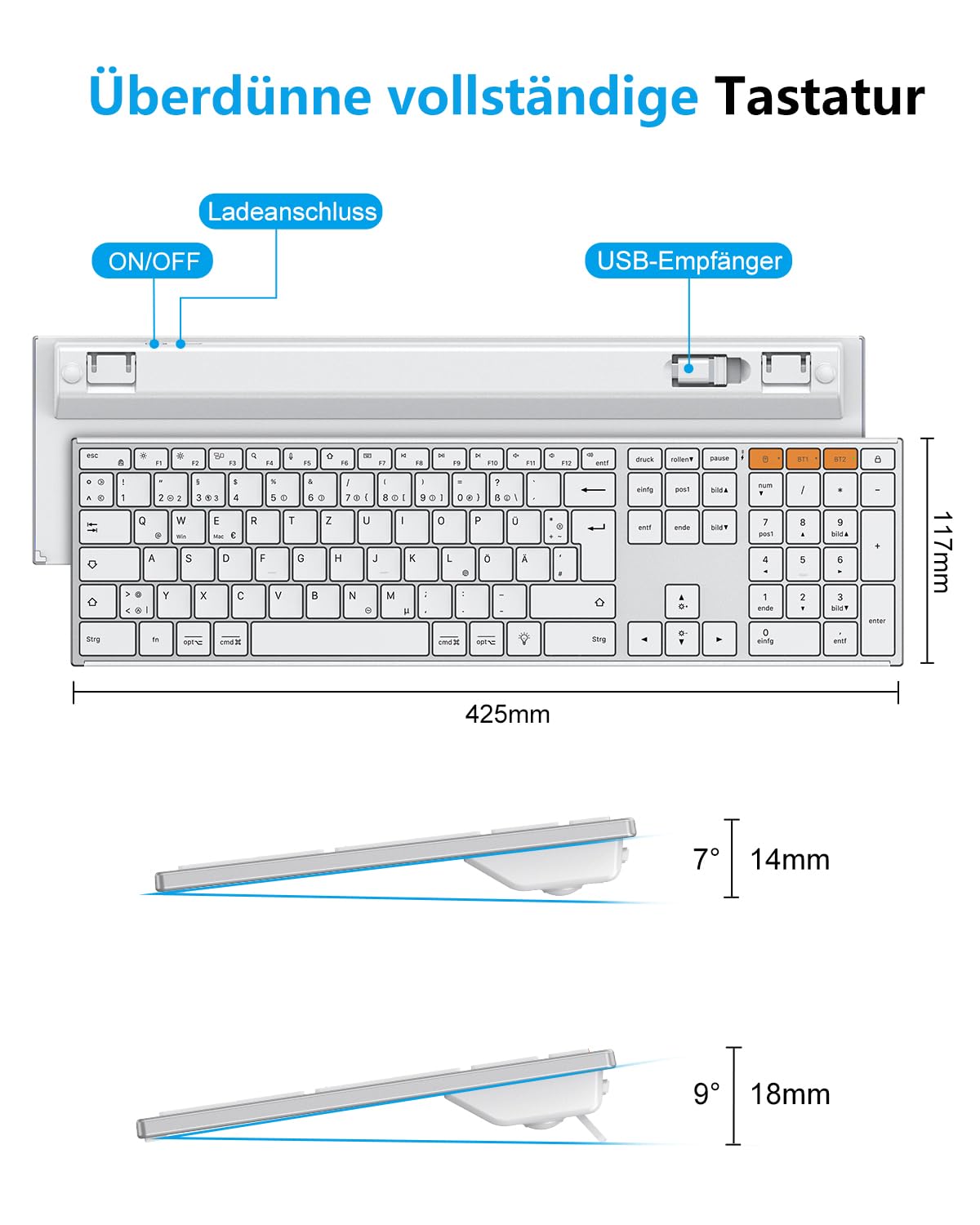 OMOTON Tastatur Kabellose Beleuchtet, Bluetooth + 2,4G, QWERTZ, Silber | Metallgehäuse, Multi-Device, Wiederaufladbar, Leise, Ergonomische, Windows/macOS/PC, Büro/Homeoffice/Reisen
