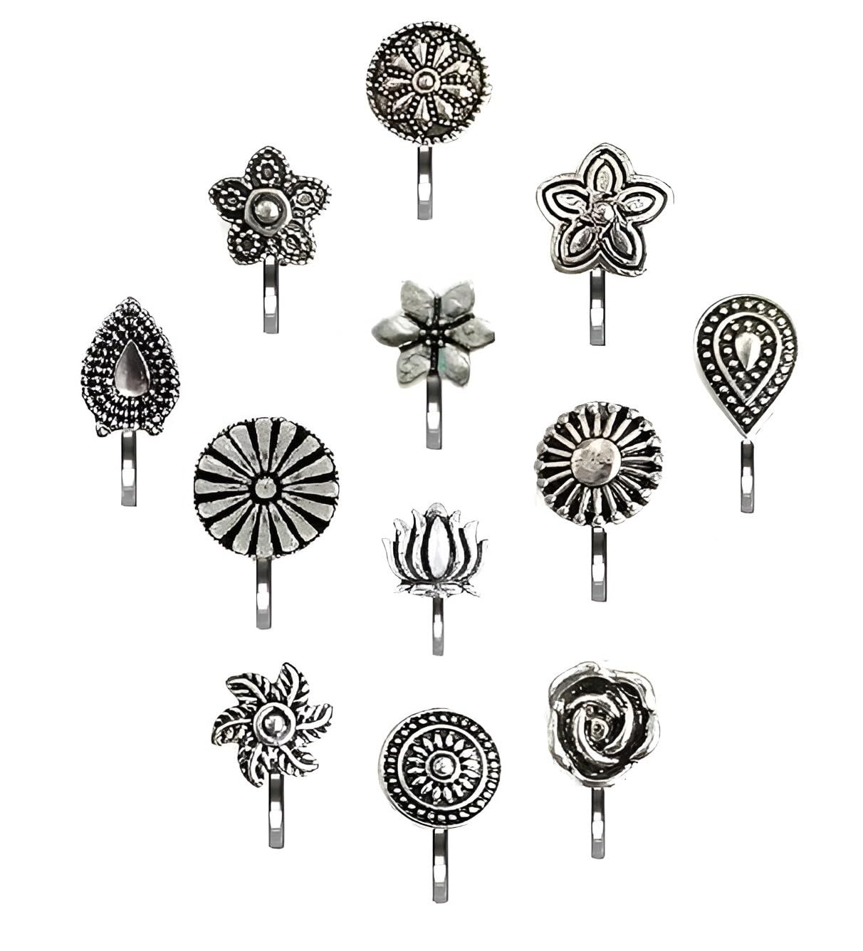 inites (12 Pcs Traditional Silver Oxidised Metal Without Piercing Clip On NosePin Stud | Non Piercing Nosepin Ring Studs For Girls & Womens-picture-56