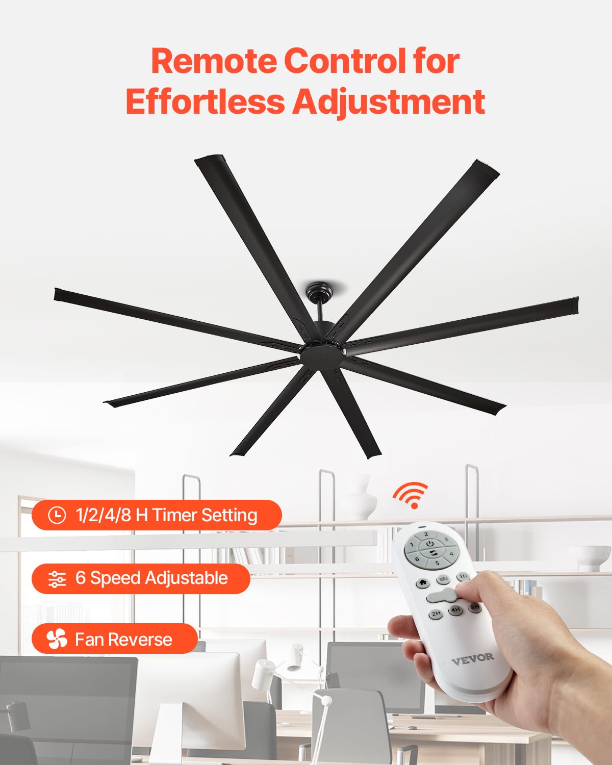 VEVOR Ventilador Moderno de Techo sin Luz 243 cm con Mando a Distancia 6 Velocidades, 8 Aspas de Aluminio, Motor DC Reversible, para Dormitorio, Salón, Interior, Exterior, Negro, Φ 2430 x 705,8 mm