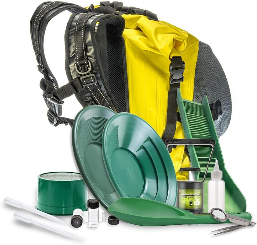 SE Gold Panning Kit Outdoor Lightweight Includes Backpack, Gold Pans, Tweezers, Mini Sluice Box, and More, 14pc Set - GP5-KIT114AS