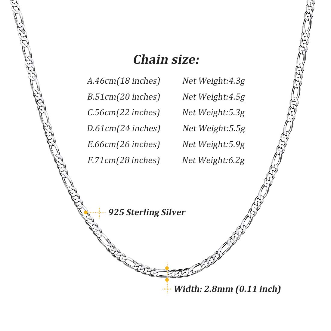 ChicSilver Collana a Catena in Argento Sterling 925 Catena Barbazzale Cubana Figaro da Uomo Donna, Collana di Ricambio per Pendente Cindolo, 45-70 cm Lungha, 3/5 mm Larga, Con Confezione