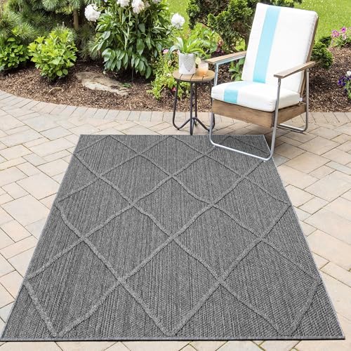 HomebyHome In& Outdoor Teppich Wetterfest, Grau 160x230 cm Teppich Küche, Waschbarer Küchenläufer Flachgewebe Sisaloptik Rauten Design Camping Terasse Balkon Outdoorteppich Garten
