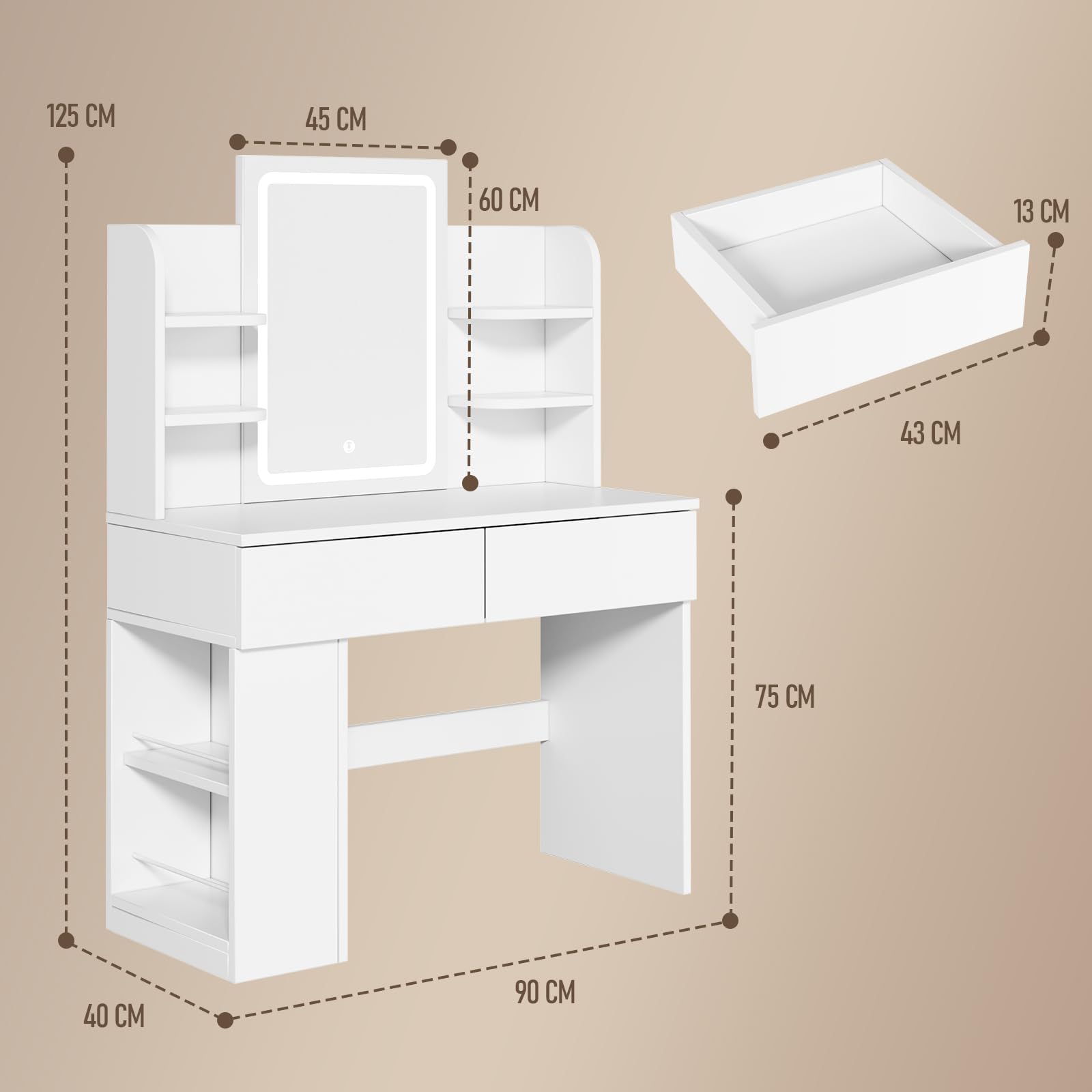 JUMMICO Toeletta con Specchio LED, Luminosità Regolabile, Tavolo da Trucco 90 cm con 2 Grandi Cassetti, 6 Ripiani Aperti, Vano Laterale, Mobile per Camera da Letto (Bianco, Con Sgabello)