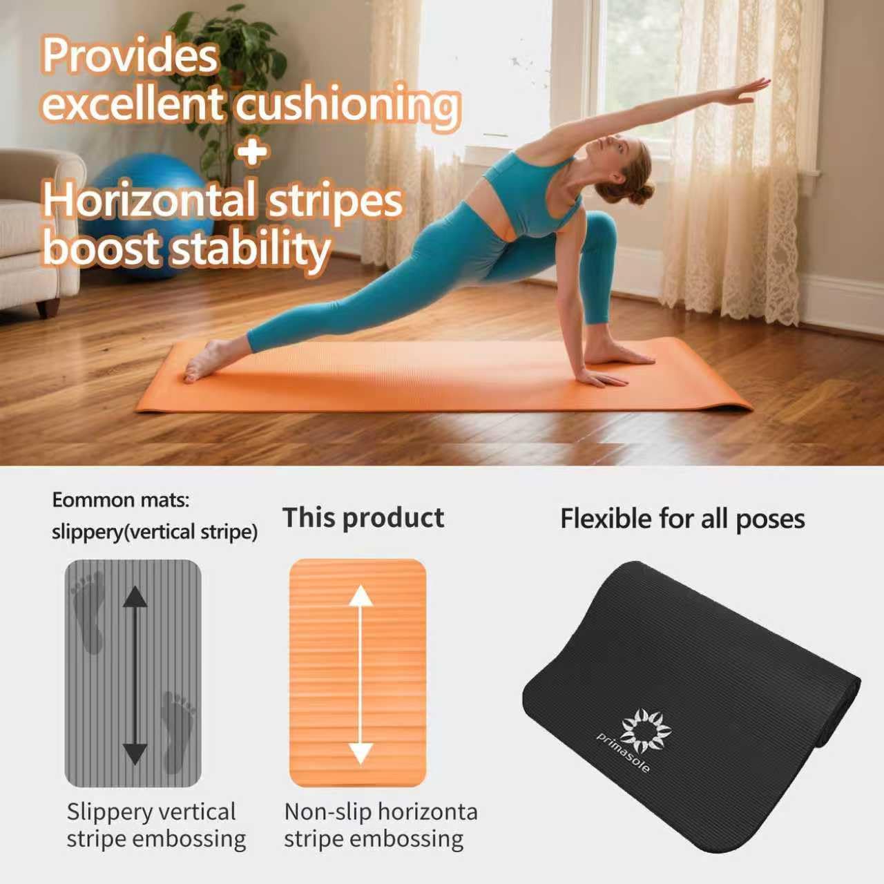 Primasole Tapete de yoga grueso, tapete de NBR extragrueso de 1/2 pulgada con estabilidad mejorada, diseño texturizado, tapete ligero con correa de transporte y funda para yoga, pilates, gimnasio y