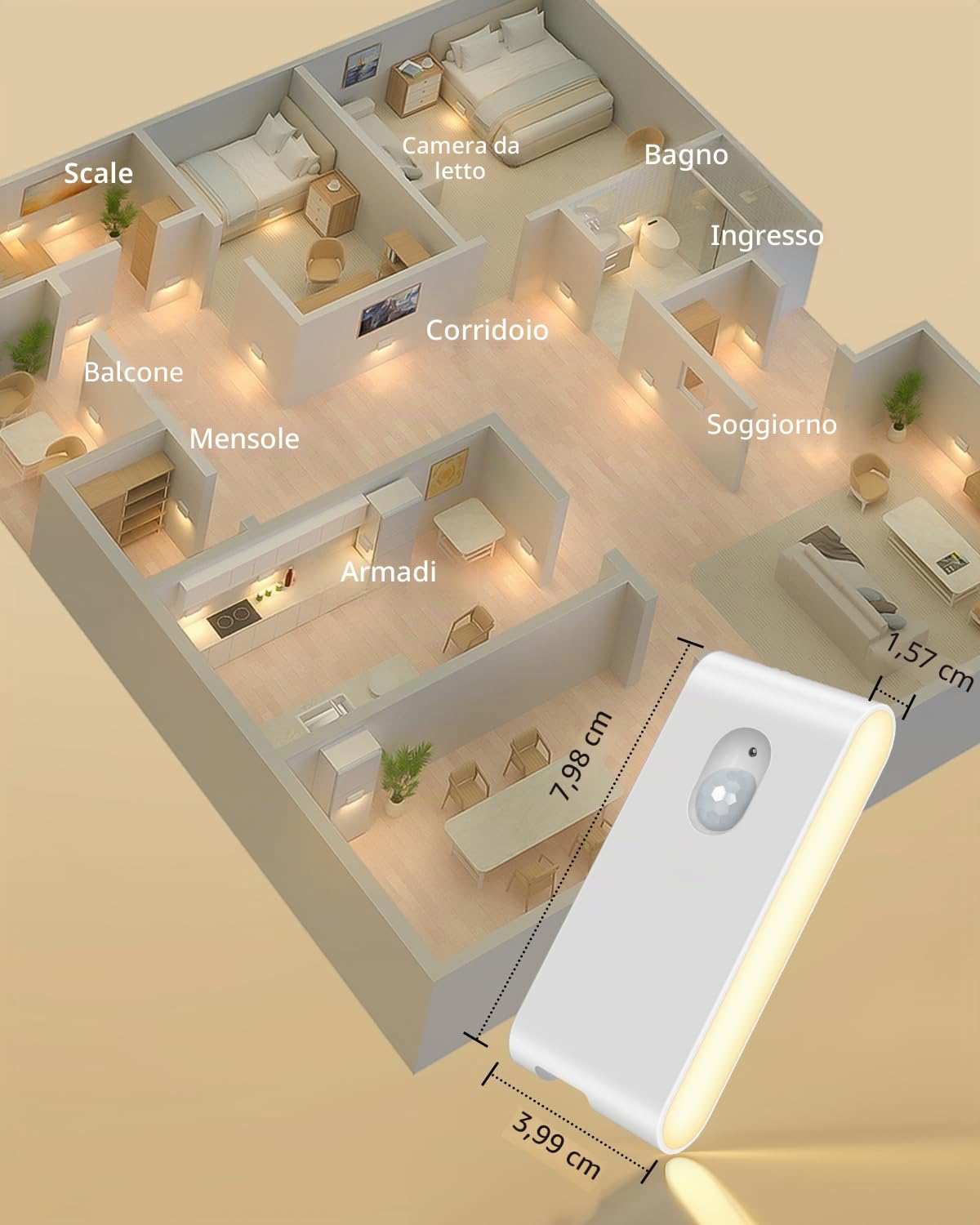 WILLED Luce Notturna, 4 Pezzi Lampada Notturna Sensore Movimento, Caricabile USB Luce Notturna Bambini con 3 Modalità (Auto/ON/OFF), per Scale, Camere da Letto, Cucina, Corridoio e Bagno