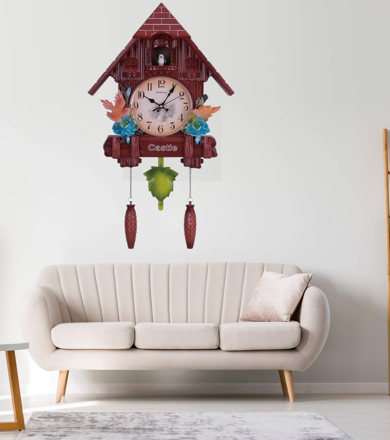 Three Secondz Bird Cuckoo Analog Wall Clock Alarm Clock - Fixed Door. Does not Open or Close (Light Brown, 65 cm x 16 cm x 37 cm, 3603_CFB), Plastic 2