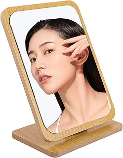 Comprar DEANKEJI Espejo de mesa de pie, espejo de maquillaje de madera, ángulo ajustable, base de madera, para dormitorio, baño, oficina, escuelas