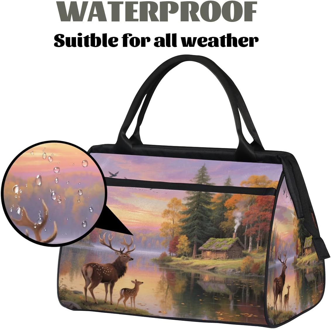Travel Gym Bag - Lake Deer Art Large Capacity Tote for Men Women - Shoulder Weekender Bag for Travel Yoga School - Mommy Hospital for Labor Delivery