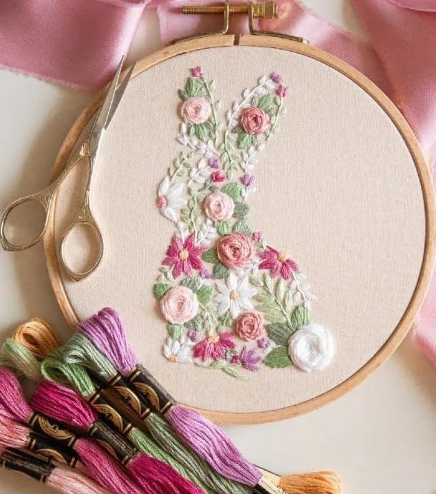 Image of YOUDRN Bunny in Bloom Easter Embroidery Kit for Beginners, Embroidery Kits for Adults,DIY Hand Bunny Embroidery Easter Cross Stitch Starter Set with Pattern,Threads,Needles,Instruction,20cm Hoop