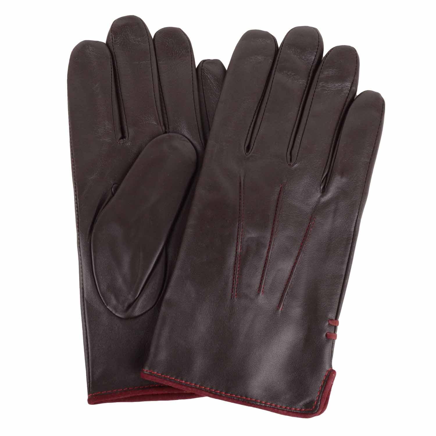 Snugrugs Women's Brown/Burgundy Mens Genuine Leather Gloves, Classic Three Point Stitch, Contrast Piping Trim, Medium