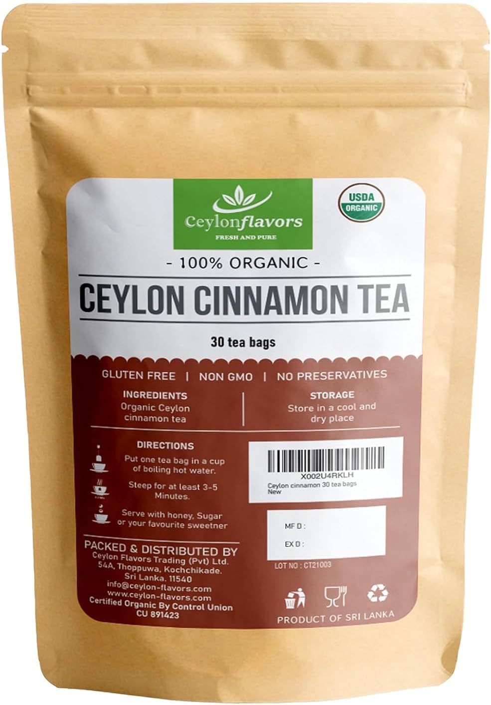 Ceylon Flavors Fresh and Pure Organic Ceylon Cinnamon 30 Tea Bags From Sri Lanka USDA Certified