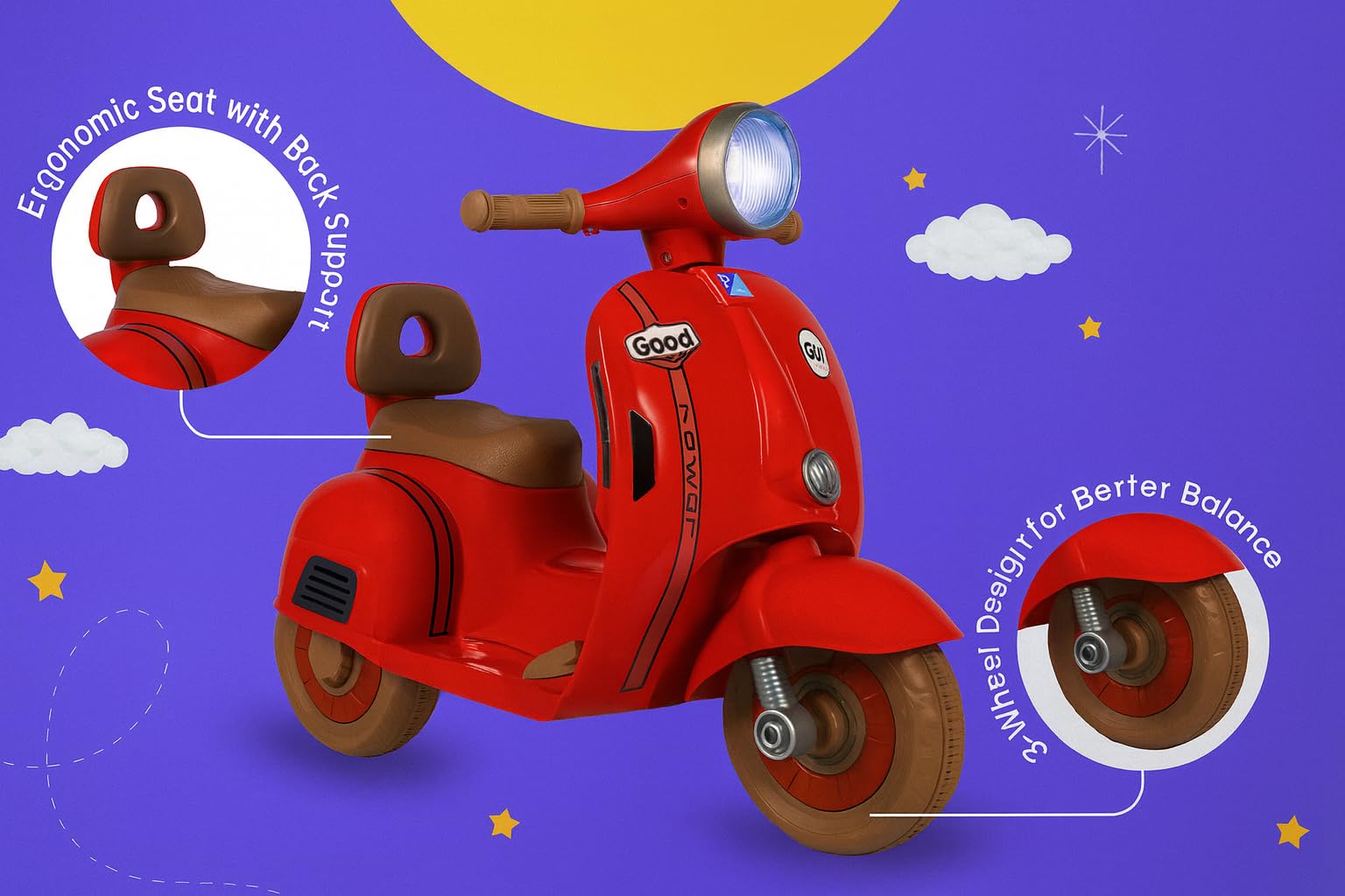 Toyify Rechargeable Battery Operated Vespa Scooter for Kids, Ride on Toy scooty with Light & Music | Electric Bike for Baby 1 to 4 Years Boys Girls (Red) - Image 5 thumbnail