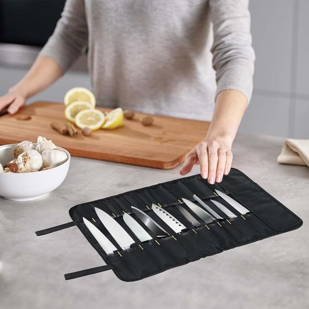 Bolsa para Cuchillos de Chef，35,5 * 57 cm con 20 Ranuras Protectores de Rollo de Almacenamiento de Cubiertos Portátiles Multifuncionales para el Hogar Cocina Viajes y Campamentos Sostiene
