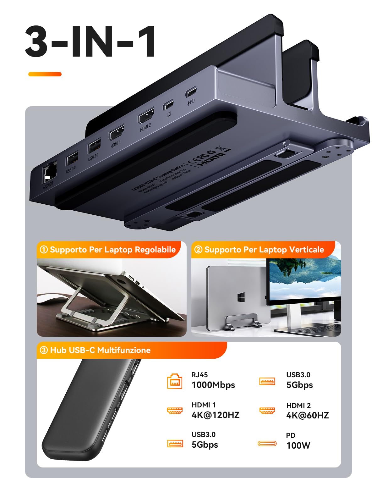 Supporto per Docking Station per Laptop con Doppio Monitor 4K, QUUGE Dual HDMI Docking Station per Laptop, 2 HDMI (Singolo 4K), 2 Porte USB3.0, 100W PD, RJ45 Ethernet, Gestione Desktop USB C Dock