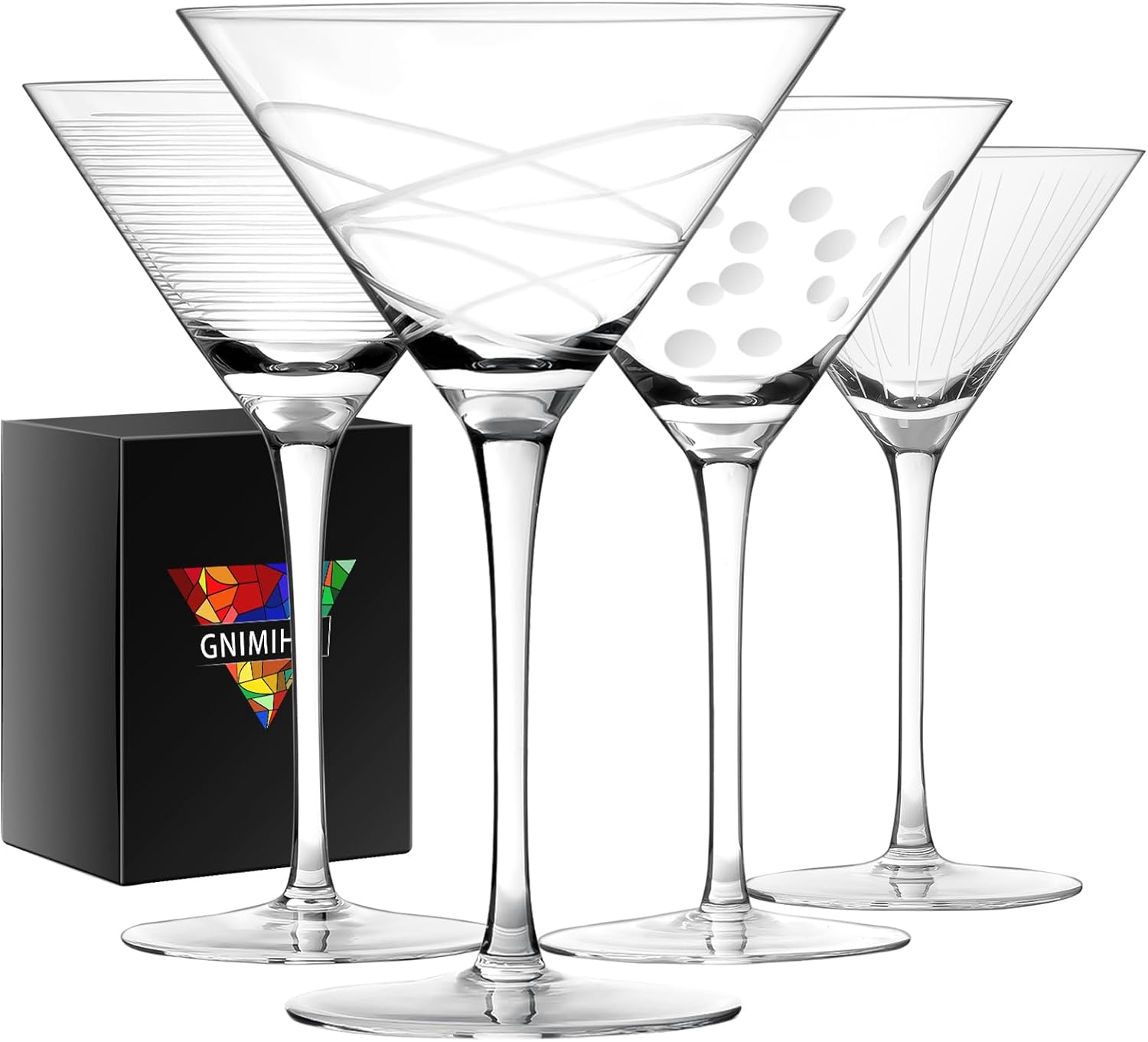 Etched Martini Glasses Set of 4-9 oz, Handmade Premium Crystal Cocktail Glasses, Martini, Cosmopolitan, Manhattan, Gimlet, Pisco Sour, Christmas Gifts for Men Women, Etched