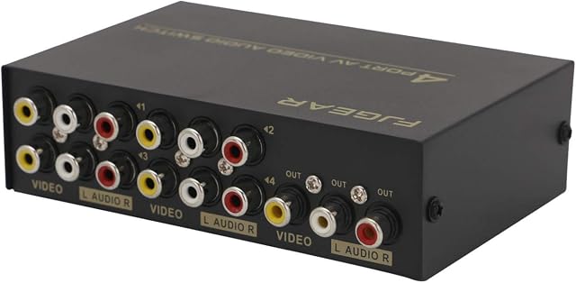 Shoze Four-Way Audio Converter TV Splitter Box AV Switch RCA Switcher Box Video L/R Audio Selector Black