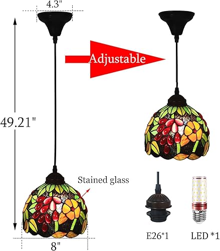 Miniatura 5 de Tiffany - Lámpara colgante de cristal de colores pequeños, lámpara colgante de 8 pulgadas para bar, pasillo, comedor con bombilla E26, estilo uva