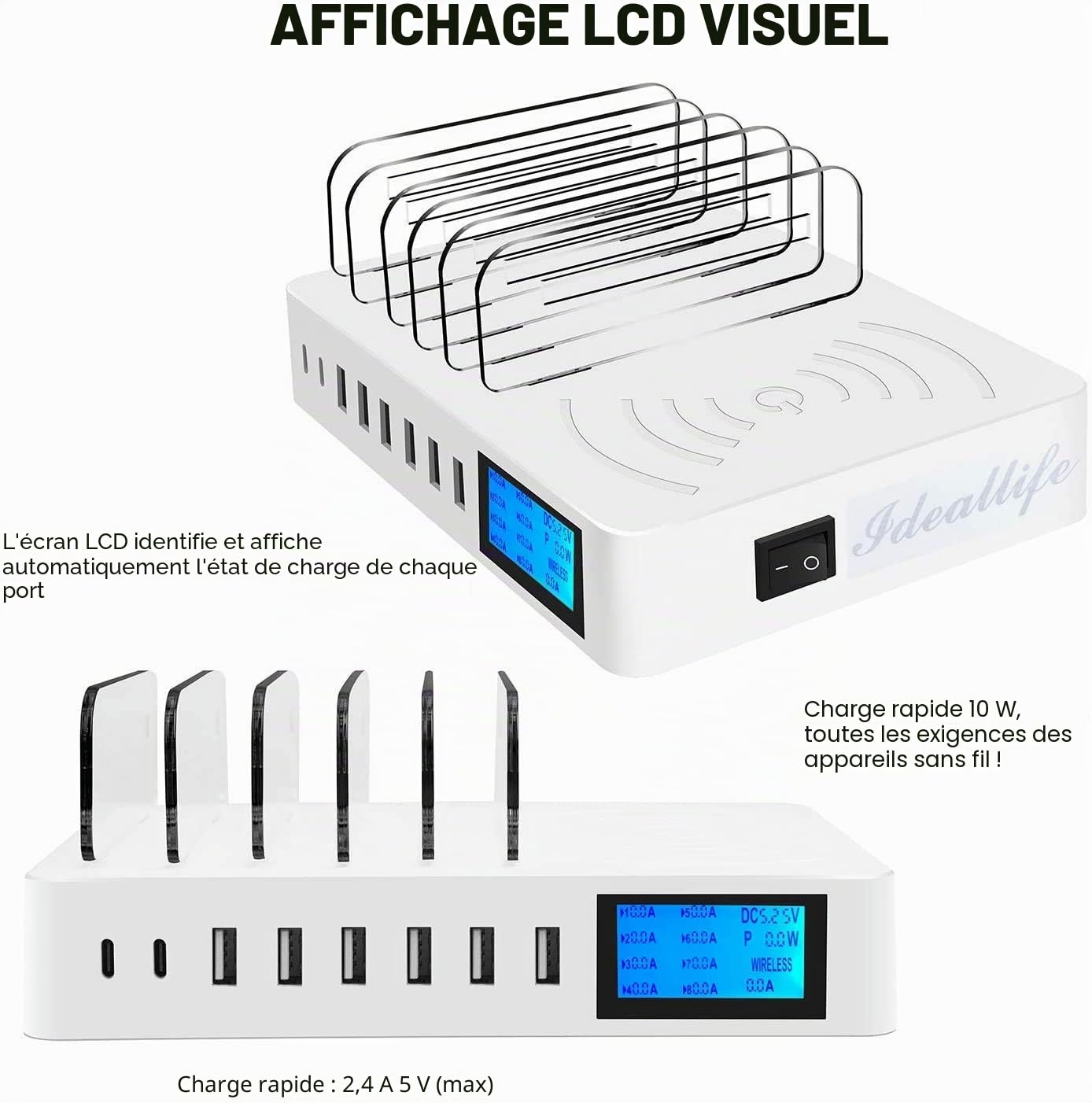 Organisateur de Station Appareils sans Fil à 8 Ports pour Plusieurs appareils, Station de Chargement pour Multi-Appareils, Compatible avec téléphones, tablettes et Autres appareils