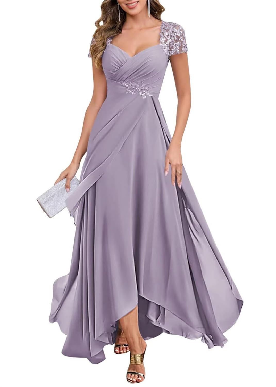 KIYNE Wisteria Mother of the Groom Dresses with Sleeves Lace Applique High Low Chiffon Mother of Bride Dress Plus Size UK20