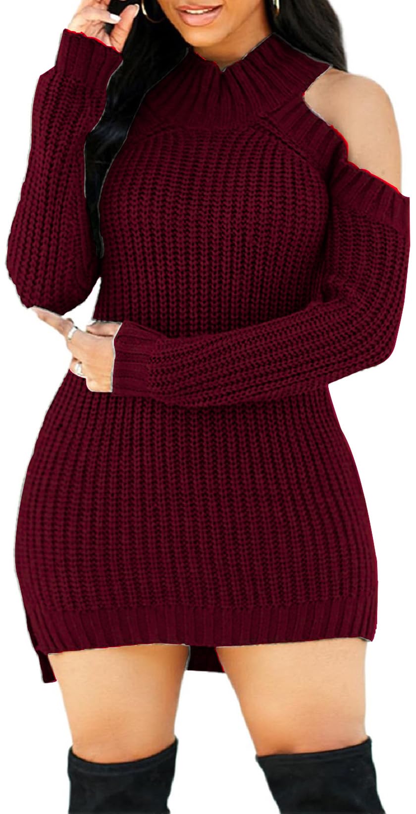 SxClub Women's Winter Sweater Dresses Sexy Cold Shoulder Pullover Dress