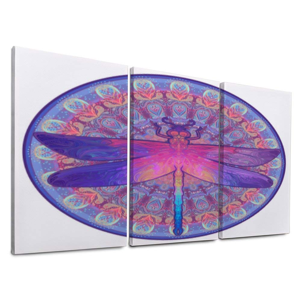 YATELI Canvas Prints Wall Decor Giclee Stretched and Framed Arts for Living Room Modern Bathroom 3 Panels Totem Circle Clolorful Dragonfly