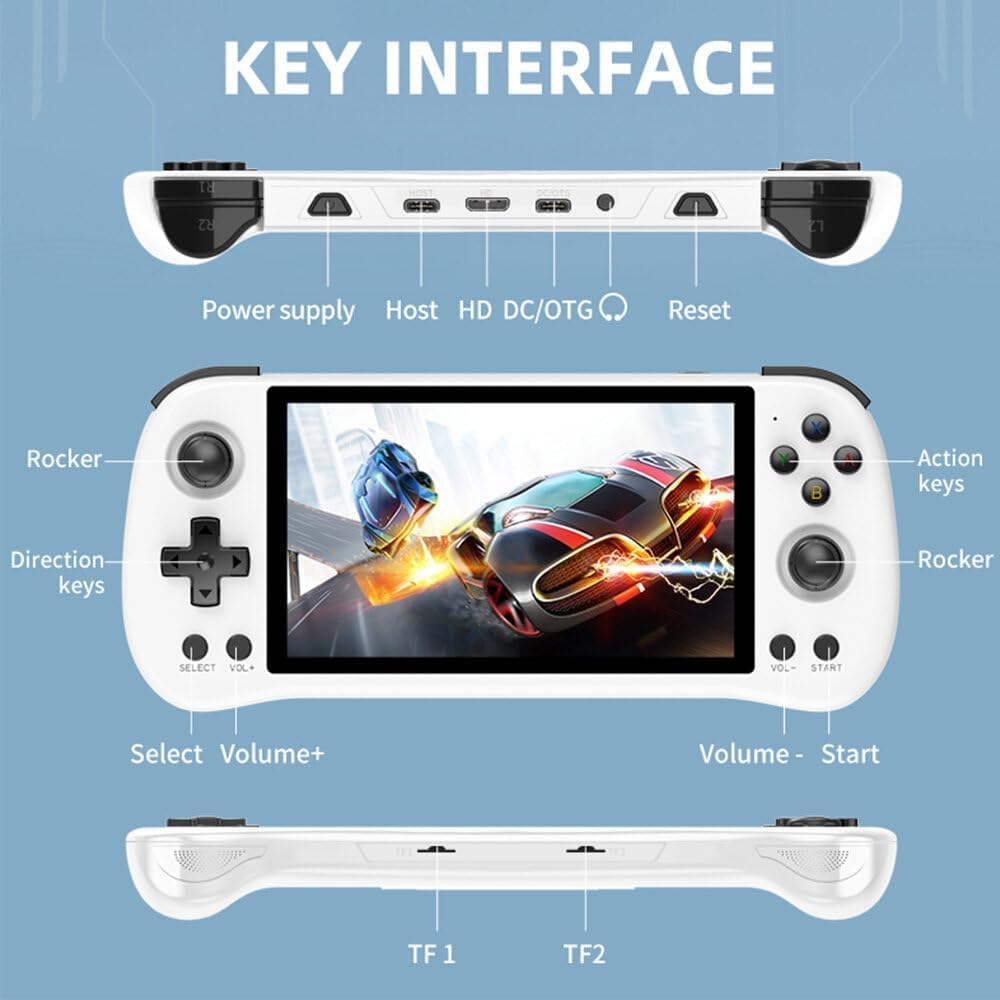 Powkiddy X55 Handheld Retro Game Console Built-in 20,000 Games 128G 5.5-Inch IPS Screen Video Gaming Console, RK3566 CPU, HDMI Interface (White)