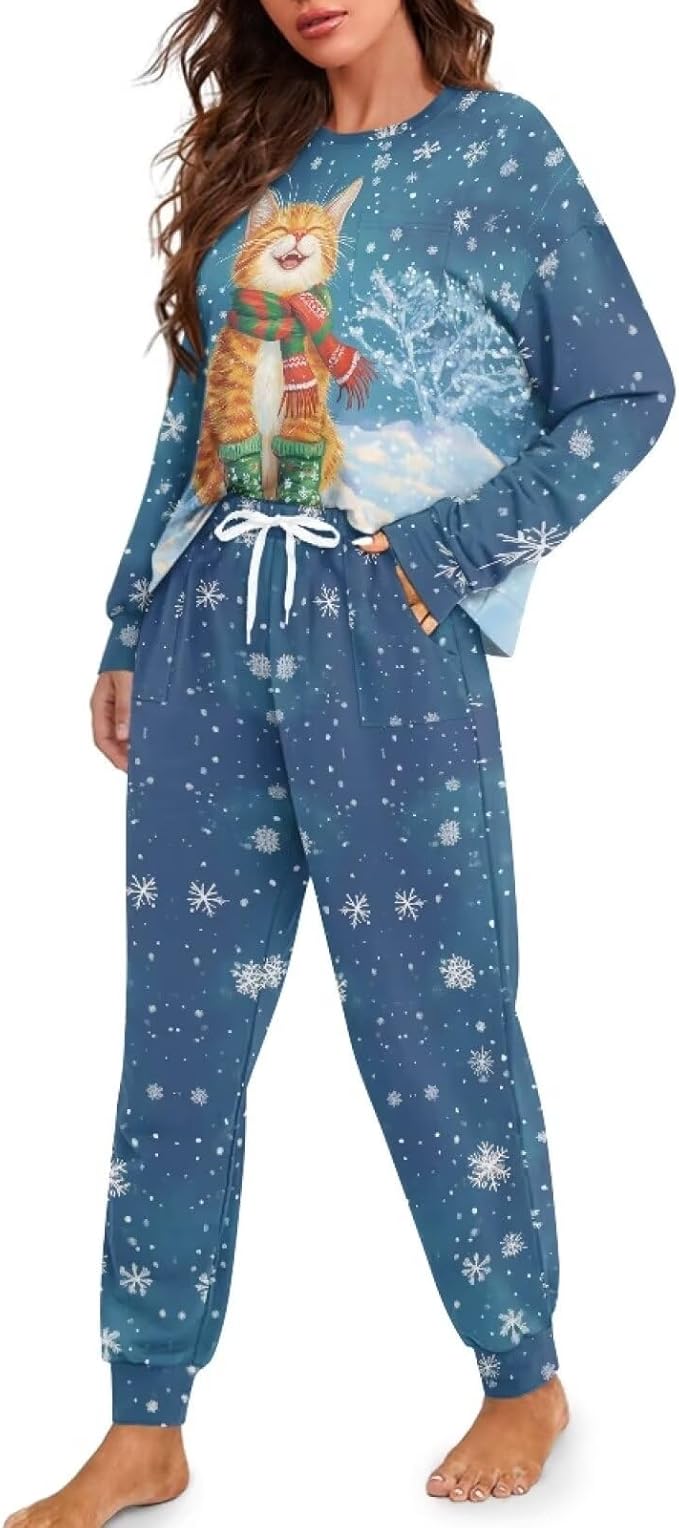 SCRAWLGOD Christmas Womens Pajama Sets 2 Piece Long Sleeve Top and Drawstring Pants with Pockets