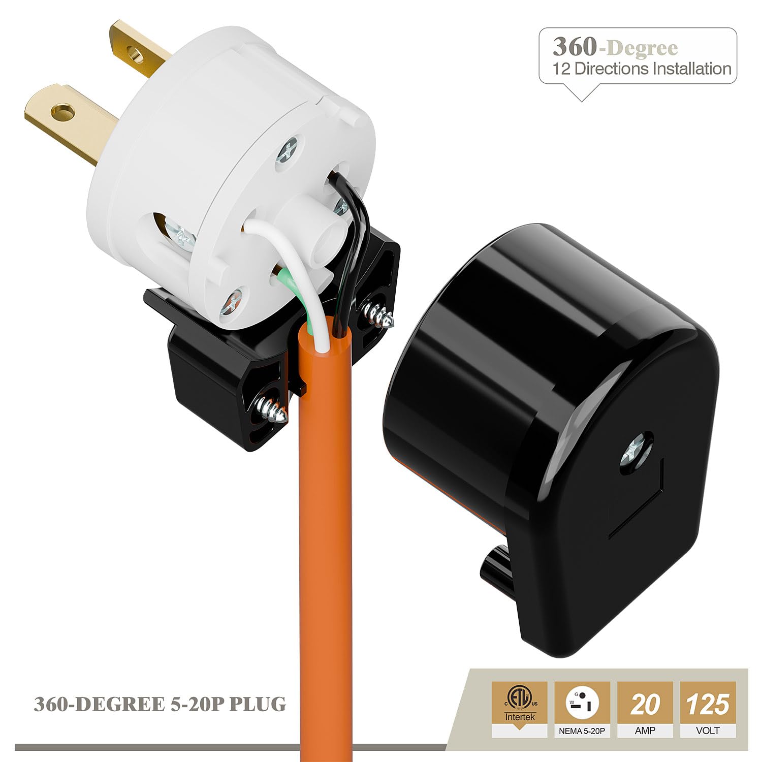 USA 3-Prong Male AC Plug, Right Angle ETL Nema 5-20P 3 Pole DIY