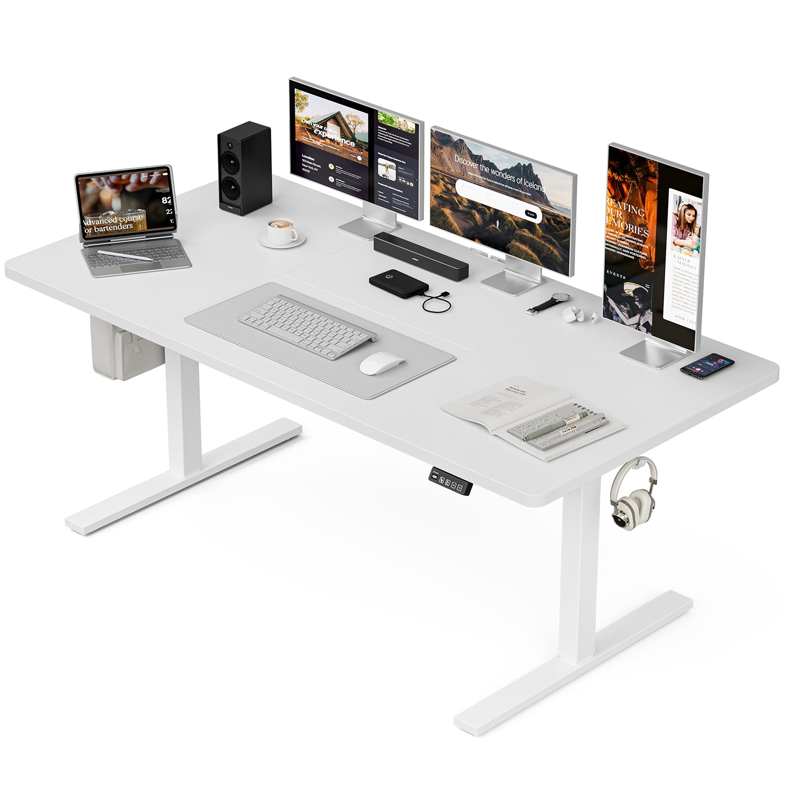 Grandder Escritorio eléctrico regulable en altura, 160 x 80 cm, mesa ajustable, altura regulable eléctrica con control de memoria manual, asiento ergonómico, mesa de ordenador, color blanco