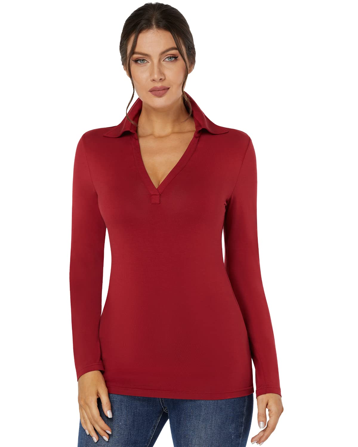 J.Corrine Women's Collared Polo Shirt Sexy V Neck Long Sleeve Work Office Outdoor Golf Shirts