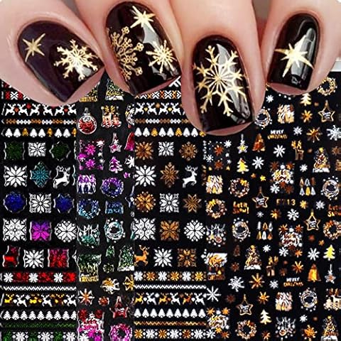 Christmas Nail Stickers, 8 Sheets Self-Adhesive Nail Decal Snowflake Tree Winter Gold Nail Art Decoration Design Supplies Cover